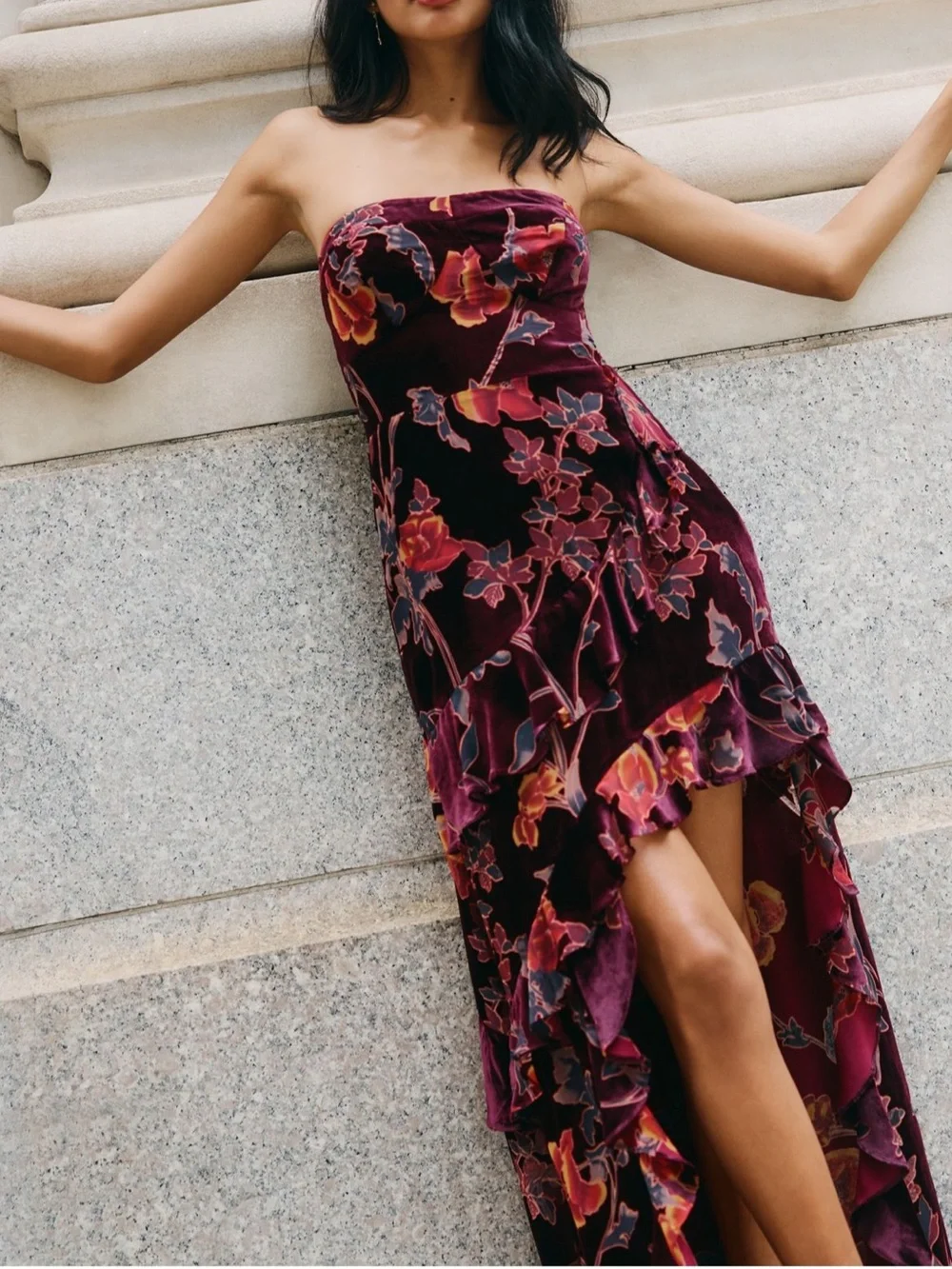 Endless Rose Strapless Ruffles Velvet High-Low Dress - Picture 4 of 5
